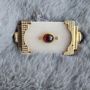 VTG Art Deco Edwardian Style Gilt White Stone Gold Tone Metal Red Cabochon Pin